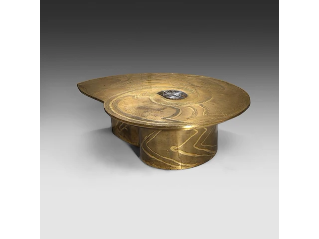 An exceptional ammonite-shaped coffee table by marc dhaenens, etched brass tabletop with a workd-in fossilised ammonite 38 x 129 x 104 cm. (14.96 x 50.78 x 40.93 in.) - afbeelding 5 van  10