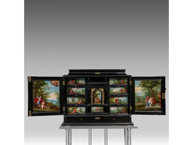 An exceptional antwerp baroque ebony and ebonised cabinet inset with painted copper panels with old testamentic scenes, ca. 1650 77 x 87 x 40 cm. (30.30 x 34 1/4 x 15 3/4 in.), with the plexi stand: 155 cm. (61.02 in.) - afbeelding 8 van  27