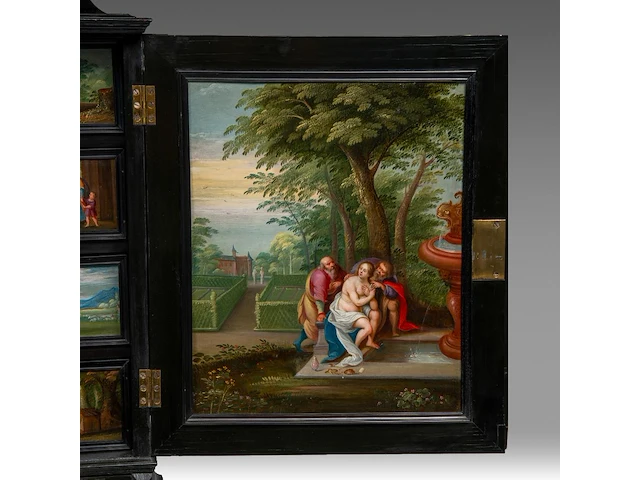 An exceptional antwerp baroque ebony and ebonised cabinet inset with painted copper panels with old testamentic scenes, ca. 1650 77 x 87 x 40 cm. (30.30 x 34 1/4 x 15 3/4 in.), with the plexi stand: 155 cm. (61.02 in.) - afbeelding 9 van  27