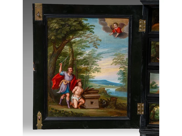 An exceptional antwerp baroque ebony and ebonised cabinet inset with painted copper panels with old testamentic scenes, ca. 1650 77 x 87 x 40 cm. (30.30 x 34 1/4 x 15 3/4 in.), with the plexi stand: 155 cm. (61.02 in.) - afbeelding 10 van  27