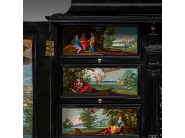 An exceptional antwerp baroque ebony and ebonised cabinet inset with painted copper panels with old testamentic scenes, ca. 1650 77 x 87 x 40 cm. (30.30 x 34 1/4 x 15 3/4 in.), with the plexi stand: 155 cm. (61.02 in.) - afbeelding 11 van  27