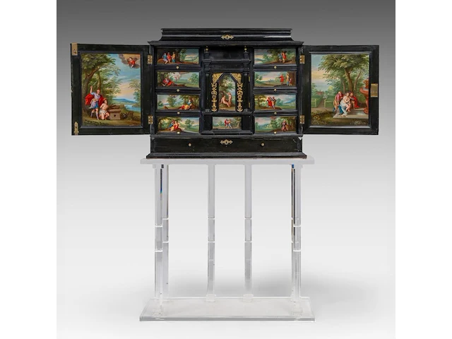 An exceptional antwerp baroque ebony and ebonised cabinet inset with painted copper panels with old testamentic scenes, ca. 1650 77 x 87 x 40 cm. (30.30 x 34 1/4 x 15 3/4 in.), with the plexi stand: 155 cm. (61.02 in.) - afbeelding 1 van  27