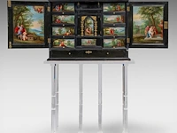 An exceptional antwerp baroque ebony and ebonised cabinet inset with painted copper panels with old testamentic scenes, ca. 1650 77 x 87 x 40 cm. (30.30 x 34 1/4 x 15 3/4 in.), with the plexi stand: 155 cm. (61.02 in.)