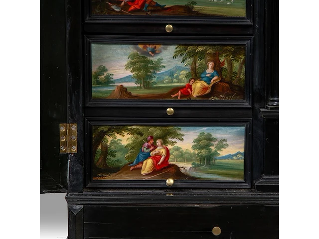 An exceptional antwerp baroque ebony and ebonised cabinet inset with painted copper panels with old testamentic scenes, ca. 1650 77 x 87 x 40 cm. (30.30 x 34 1/4 x 15 3/4 in.), with the plexi stand: 155 cm. (61.02 in.) - afbeelding 13 van  27