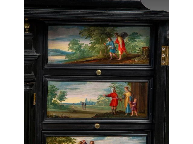 An exceptional antwerp baroque ebony and ebonised cabinet inset with painted copper panels with old testamentic scenes, ca. 1650 77 x 87 x 40 cm. (30.30 x 34 1/4 x 15 3/4 in.), with the plexi stand: 155 cm. (61.02 in.) - afbeelding 14 van  27