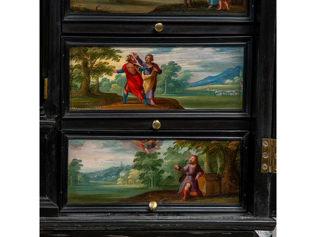 An exceptional antwerp baroque ebony and ebonised cabinet inset with painted copper panels with old testamentic scenes, ca. 1650 77 x 87 x 40 cm. (30.30 x 34 1/4 x 15 3/4 in.), with the plexi stand: 155 cm. (61.02 in.) - afbeelding 15 van  27