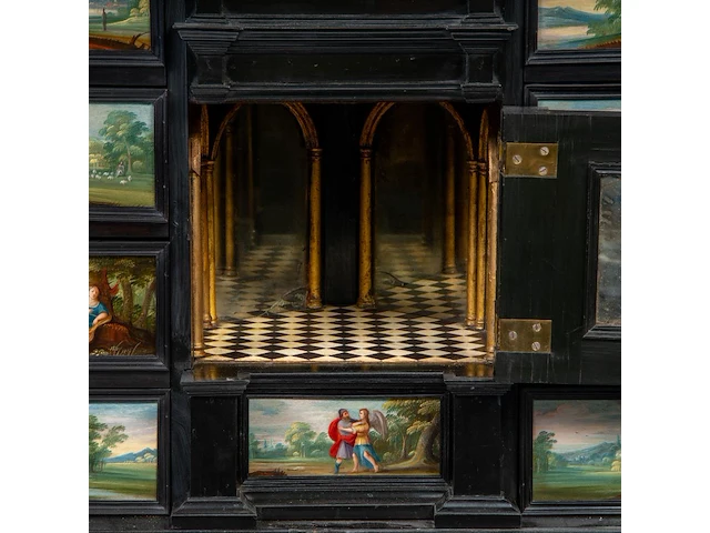 An exceptional antwerp baroque ebony and ebonised cabinet inset with painted copper panels with old testamentic scenes, ca. 1650 77 x 87 x 40 cm. (30.30 x 34 1/4 x 15 3/4 in.), with the plexi stand: 155 cm. (61.02 in.) - afbeelding 16 van  27