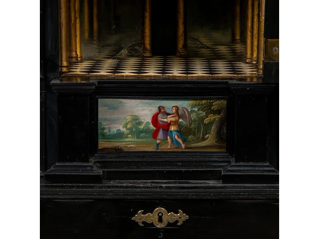 An exceptional antwerp baroque ebony and ebonised cabinet inset with painted copper panels with old testamentic scenes, ca. 1650 77 x 87 x 40 cm. (30.30 x 34 1/4 x 15 3/4 in.), with the plexi stand: 155 cm. (61.02 in.) - afbeelding 17 van  27