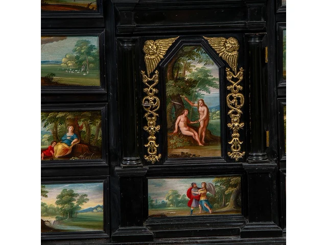 An exceptional antwerp baroque ebony and ebonised cabinet inset with painted copper panels with old testamentic scenes, ca. 1650 77 x 87 x 40 cm. (30.30 x 34 1/4 x 15 3/4 in.), with the plexi stand: 155 cm. (61.02 in.) - afbeelding 20 van  27