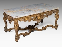 An imposing louis xiv style carved giltwood 'table de milieu' with a veined marble top, late 19thc 75 x 160 x 90 cm. (29.53 x 62.99 x 35.42 in.)