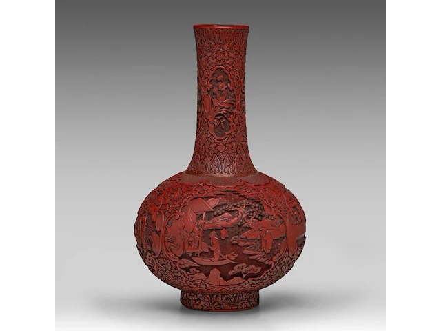 An impressive chinese carved cinnabar lacquer globular tianqiuping vase, qing dynasty (18thc/19thc), h 59,5 cm - afbeelding 1 van  6