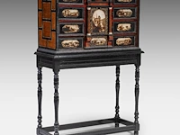 An interesting baroque cabinet-on-stand, decorated with ebony, rosewood, tortoiseshell, brass mounts and hand-painted alabaster plaques, 17thc the cabinet: 55 x 87.5 x 36 cm. (21.64 x 34.45 x 14.16 in.), with stand: 134