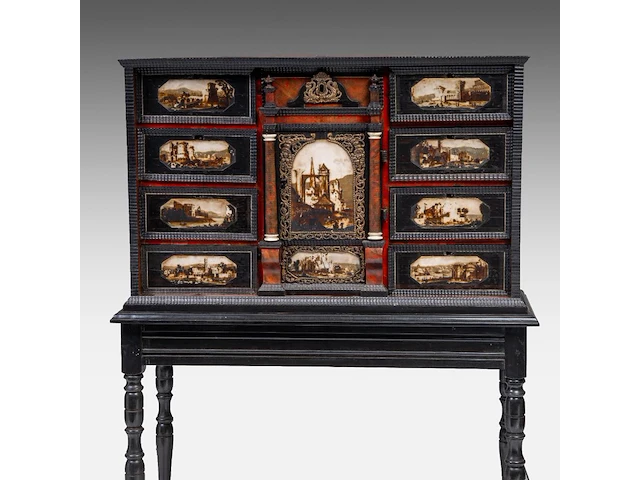 An interesting baroque cabinet-on-stand, decorated with ebony, rosewood, tortoiseshell, brass mounts and hand-painted alabaster plaques, 17thc the cabinet: 55 x 87.5 x 36 cm. (21.64 x 34.45 x 14.16 in.), with stand: 134 - afbeelding 7 van  8