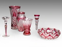 An interesting collection of six red-overlay cut crystal val-saint-lambert vases and items the bowl: 10 x 31.5 cm. (3.94 x 12.40 in.), the tallest vase: 37.5 cm. (14.75 in.)