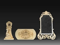 An ivory art nouveau mirror and ditto picture frame, added; an ivory plaque depicting dancing figures in the style of teniers, end of the 19thc, h 20 cm / h 13 cm / h 7,6 cm (+)