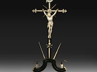 An ivory corpus christi mounted on an ornamental wooden cross with ivory and bone inlay, 19thc, h 27,5 cm (+)