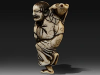 An ivory netsuke of gama sennin holding a peach branch, his three-legged toad on his shoulder, signed yoshinaga, edo period (late 18thc), h 6,5 cm - w 4 cm - d 2,5 cm - weight 32g (+) - afbeelding 2 van  8