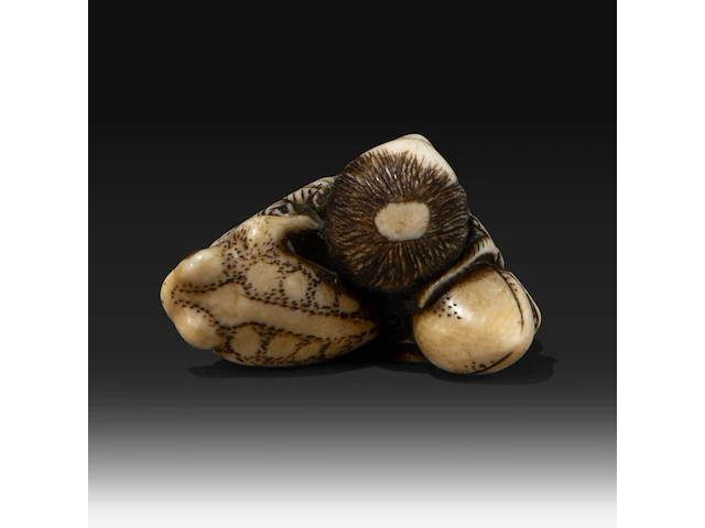An ivory netsuke of gama sennin holding a peach branch, his three-legged toad on his shoulder, signed yoshinaga, edo period (late 18thc), h 6,5 cm - w 4 cm - d 2,5 cm - weight 32g (+) - afbeelding 7 van  8