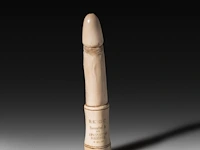 An ivory snuffbox in the shape of a phallus, with the inscription "r.e.g.c., presented to an upstanding member, 2/11/87", english, 1887, h 17 cm - w 3,7 cm - 147g (+)