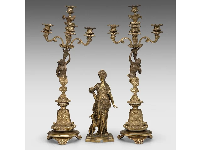 Anatole guillot (1865-1911), a neoclassical gilt bronze sculpture of diana and her hunting dog, accompanied by a pair of matching candelabra diana: 34 cm. (13.39 in.), the candelabra: 65 cm. (25.58 in.) - afbeelding 1 van  32