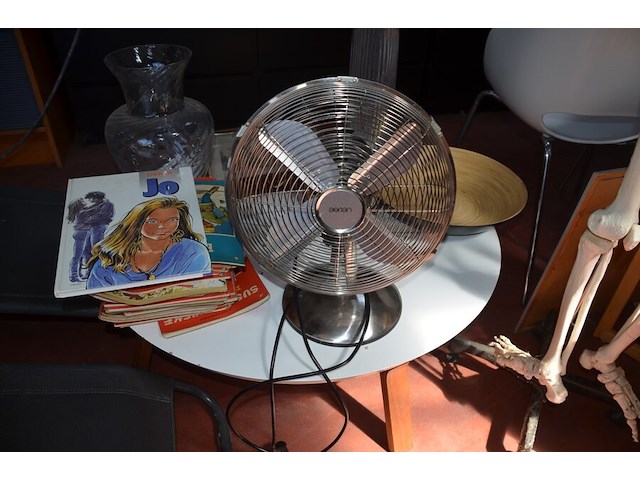 Anatomisch skelet met extra schedel, ronde salontafel met wit blad, 2 ronde bijzettafels met wit blad, ventilator aerian, 7 wandversieringen, partij stipverhalen suske & wiske, 2 vazen - afbeelding 10 van  19