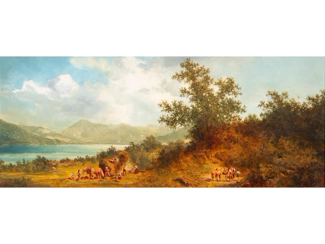 Andreas mitterfellner (1912-1972), figures near the shore of lake starnberger, oil on panel 20 x 45 cm. (7.87 x 17.71 in.), frame: 34 x 59 cm. (13.39 x 23.23 in.) - afbeelding 1 van  6