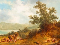 Andreas mitterfellner (1912-1972), figures near the shore of lake starnberger, oil on panel 20 x 45 cm. (7.87 x 17.71 in.), frame: 34 x 59 cm. (13.39 x 23.23 in.)
