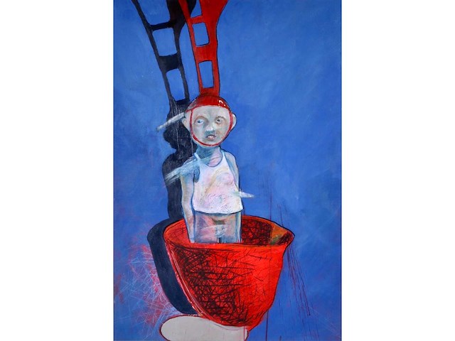 Anonieme meester - figuur met rode constructie - olieverf op board - 120,5x80,5 cm - afbeelding 3 van  10