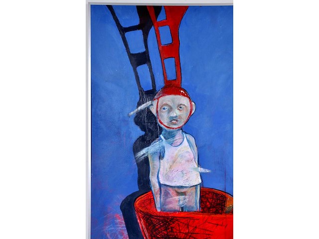 Anonieme meester - figuur met rode constructie - olieverf op board - 120,5x80,5 cm - afbeelding 6 van  10