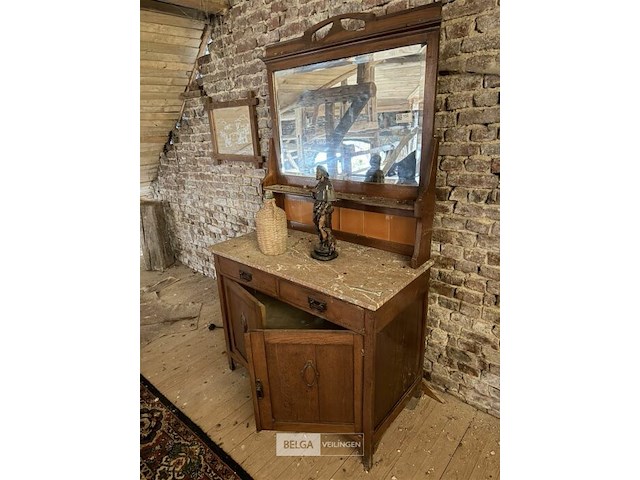 Antiek dressoir met spiegel en marmeren blad - afbeelding 1 van  2