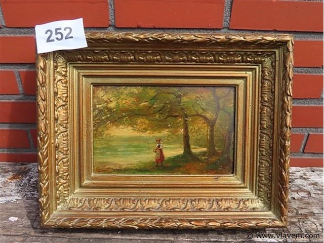 Antiek schilderij, boszicht met figuur - afbeelding 1 van  5