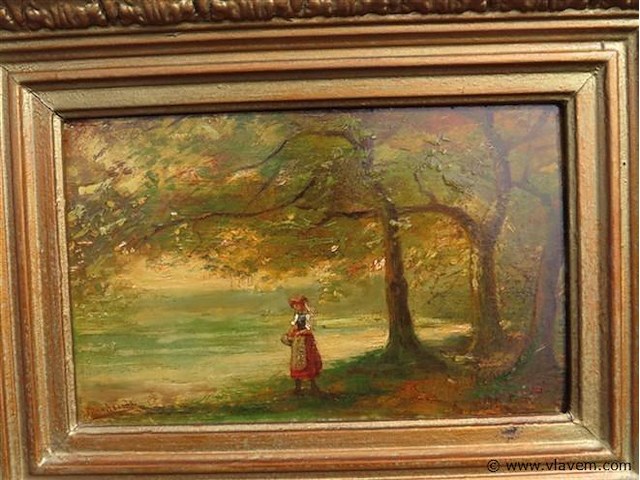 Antiek schilderij, boszicht met figuur - afbeelding 2 van  5