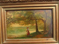 Antiek schilderij, boszicht met figuur - afbeelding 2 van  5