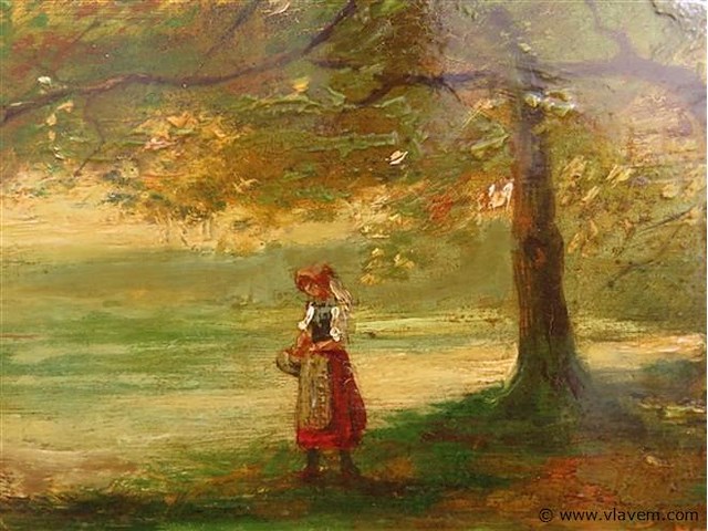 Antiek schilderij, boszicht met figuur - afbeelding 3 van  5