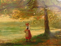 Antiek schilderij, boszicht met figuur - afbeelding 3 van  5