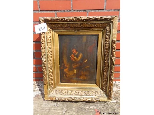 Antiek schilderij, fluitspeler op ton - afbeelding 1 van  8