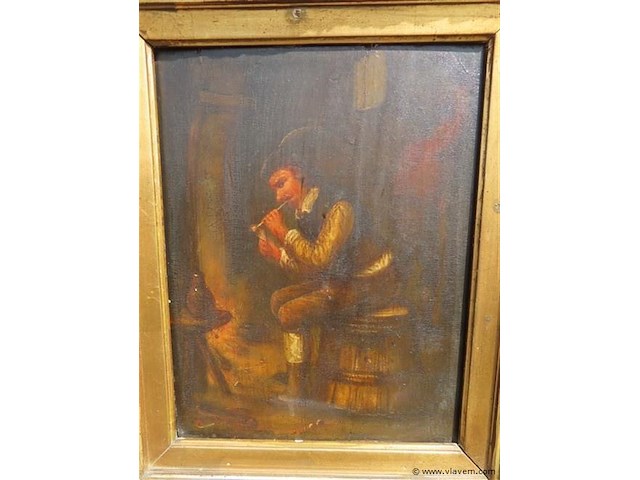 Antiek schilderij, fluitspeler op ton - afbeelding 2 van  8
