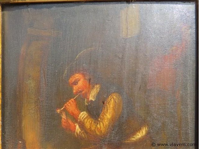 Antiek schilderij, fluitspeler op ton - afbeelding 3 van  8