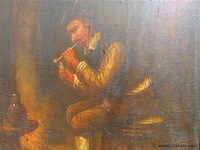 Antiek schilderij, fluitspeler op ton - afbeelding 4 van  8