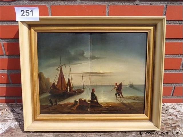 Antiek schilderij, strandzicht met figuren - afbeelding 1 van  7