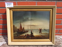 Antiek schilderij, strandzicht met figuren - afbeelding 1 van  7