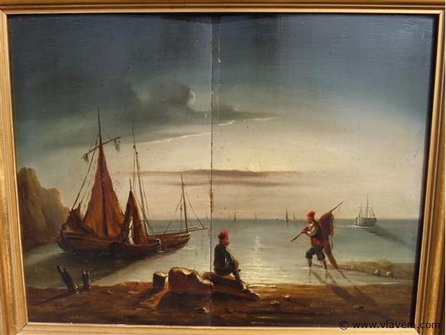 Antiek schilderij, strandzicht met figuren - afbeelding 2 van  7