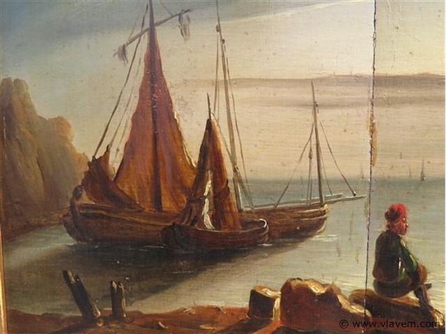 Antiek schilderij, strandzicht met figuren - afbeelding 3 van  7
