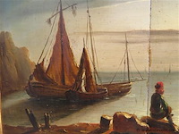 Antiek schilderij, strandzicht met figuren - afbeelding 3 van  7