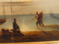 Antiek schilderij, strandzicht met figuren - afbeelding 4 van  7