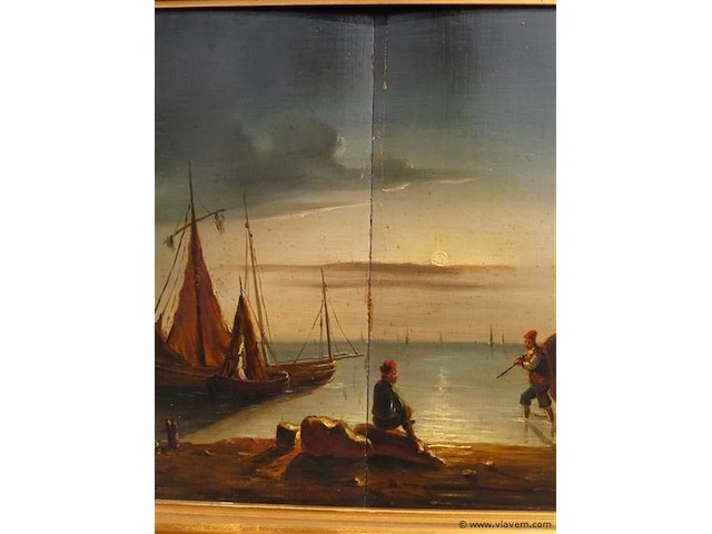 Antiek schilderij, strandzicht met figuren - afbeelding 5 van  7