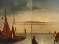 Antiek schilderij, strandzicht met figuren - afbeelding 5 van  7