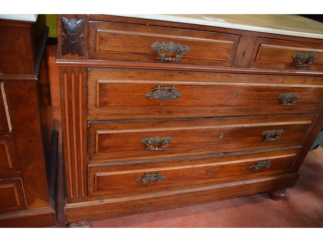 Antieke commode 5 laden met wit marmeren blad - afbeelding 4 van  5
