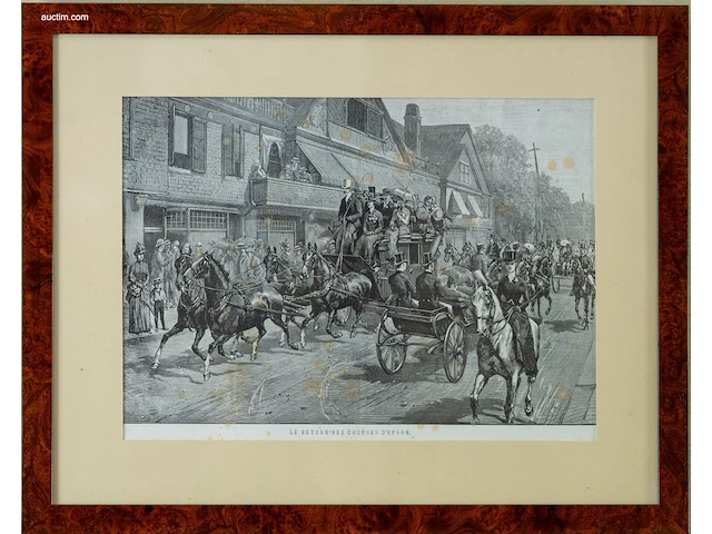 Antieke houtgravure "le retour des courses... - afbeelding 1 van  1