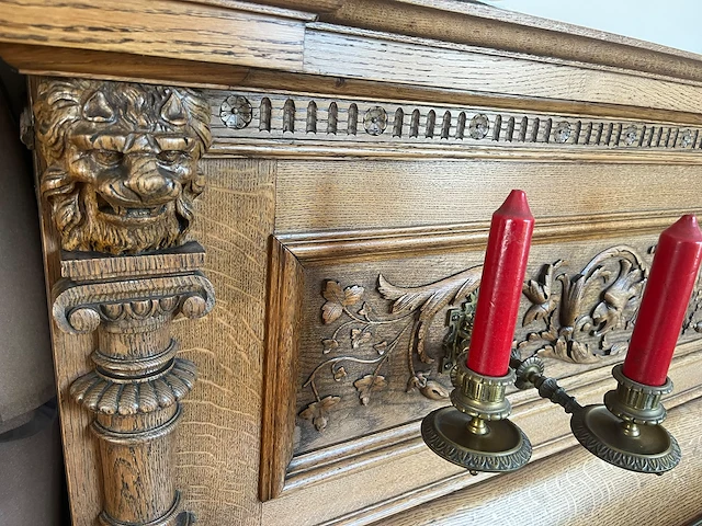 Antieke piano louis derdeyn roeselare, gesculpteerde eik met bronzen kandelaars - afbeelding 6 van  7